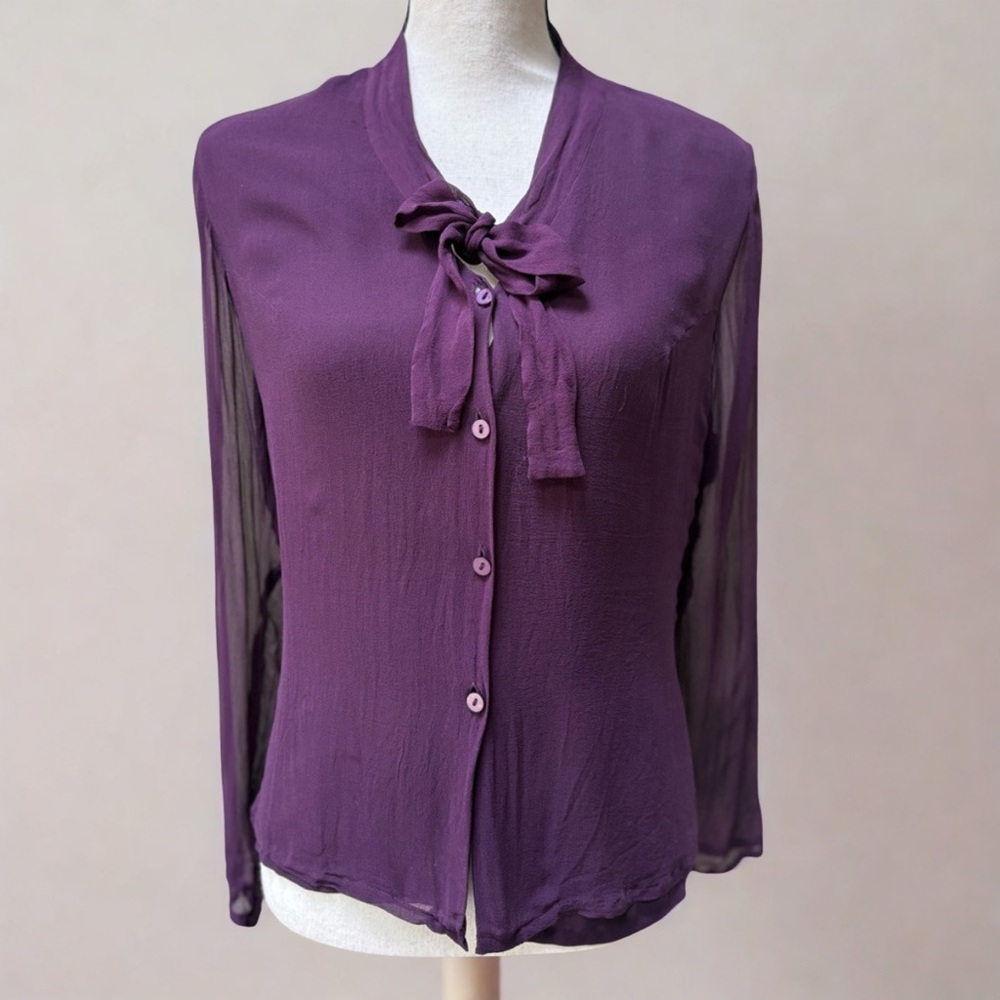 VINTAGE Silk Tie-Neck Button Down Blouse in Rich Purple
